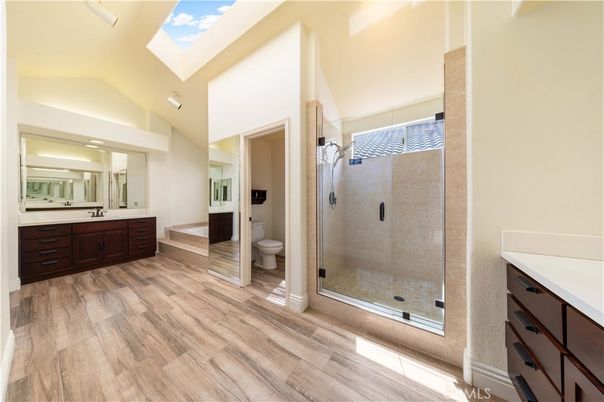 Bathroom, Glass Shower, Interior, Wood Texture Flooring