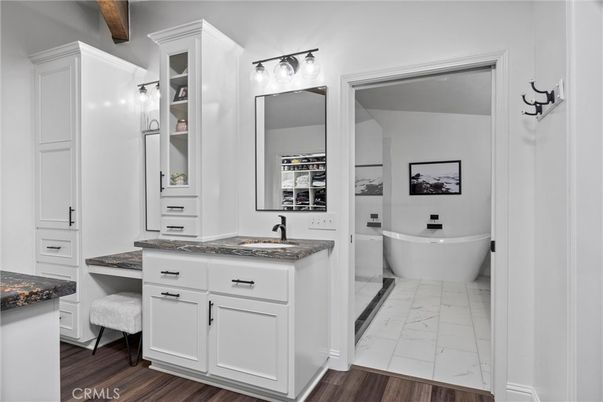 Bathroom, Dual Sink Vanities, Free Standing Baths, Interior, Marble, Wooden Beams, Wood Texture Flooring