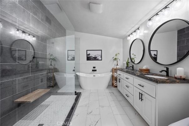 Bathroom, Dual Sink Vanities, Free Standing Baths, Glass Shower, Interior, Marble