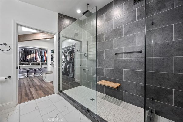 Bathroom, Glass Shower, Interior, Marble, Recessed Lighting, Wood Texture Flooring