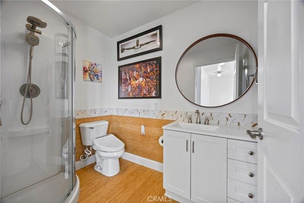 Bathroom, Glass Shower, Interior, Wood Texture Flooring
