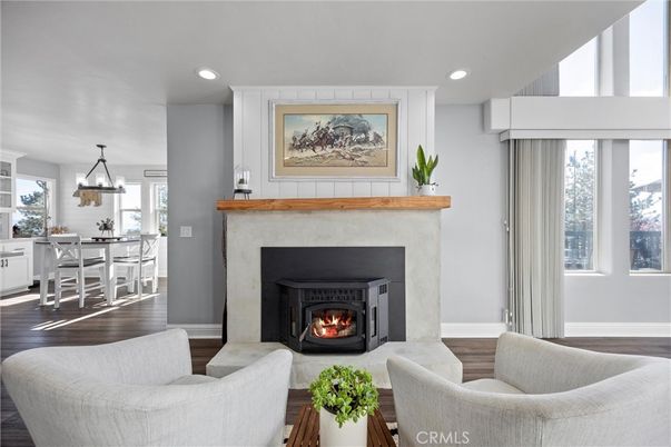 Dining room, Fireplace, Interior, Kitchen, Living room, Pendant Lights, Recessed Lighting, Wood Texture Flooring