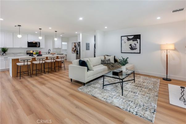 Interior, Kitchen, Living room, Pendant Lights, Recessed Lighting, Wood Texture Flooring