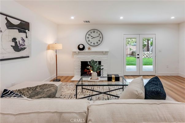 Fireplace, Interior, Living room, Recessed Lighting, Wood Texture Flooring