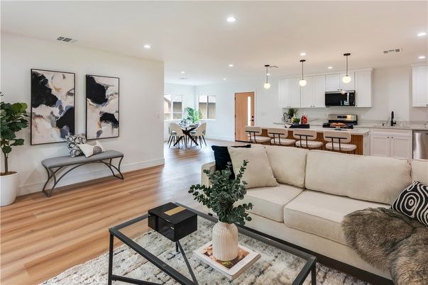 Dining room, Interior, Kitchen, Living room, Pendant Lights, Recessed Lighting, Stainless Steel Appliances, Wood Texture Flooring