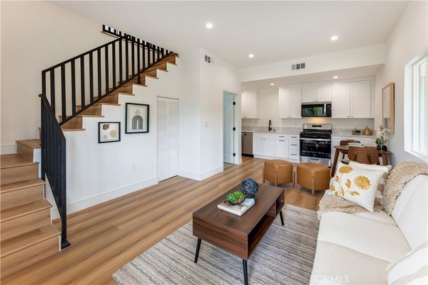 Interior, Kitchen, Living room, Recessed Lighting, Stainless Steel Appliances, Wood Texture Flooring