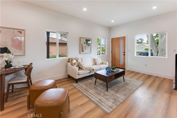 Dining room, Interior, Living room, Recessed Lighting, Wood Texture Flooring