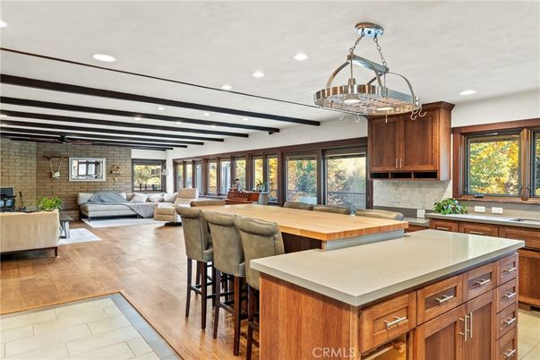 Chandelier, Interior, Kitchen, Living room, Pendant Lights, Recessed Lighting, Stone Walls, Wooden Beams, Wood Texture Flooring