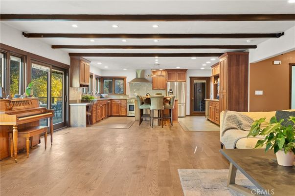 Interior, Kitchen, Piano, Recessed Lighting, Stainless Steel Appliances, Wooden Beams, Wood Texture Flooring