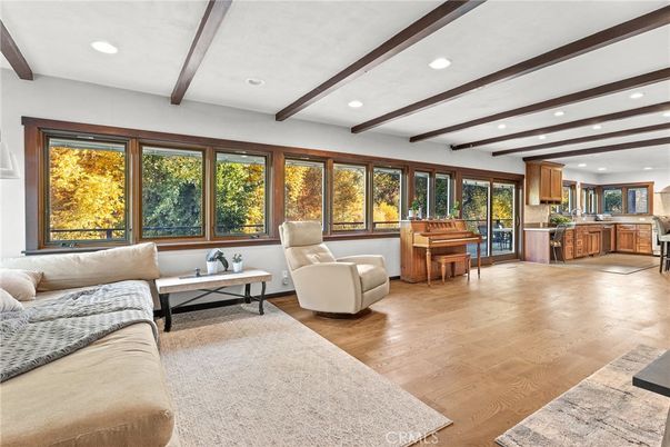 Interior, Kitchen, Living room, Piano, Recessed Lighting, Wooden Beams, Wood Texture Flooring