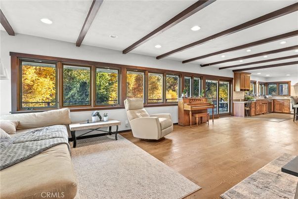 Interior, Kitchen, Living room, Piano, Recessed Lighting, Wooden Beams, Wood Texture Flooring