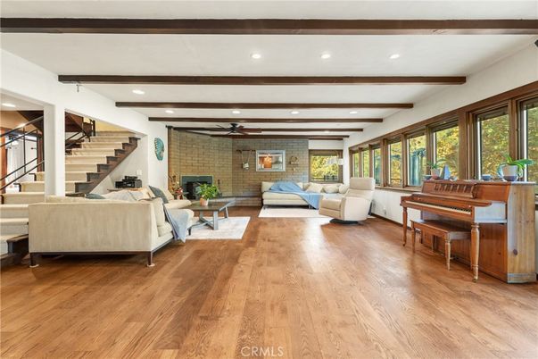 Interior, Living room, Piano, Recessed Lighting, Stone Walls, Wooden Beams, Wood Texture Flooring