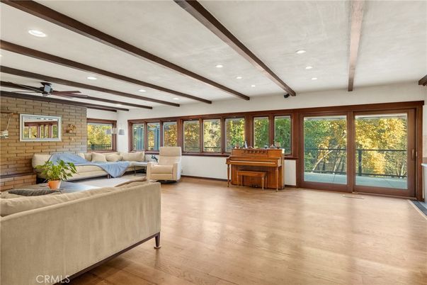 Interior, Living room, Piano, Recessed Lighting, Stone Walls, Wooden Beams, Wood Texture Flooring