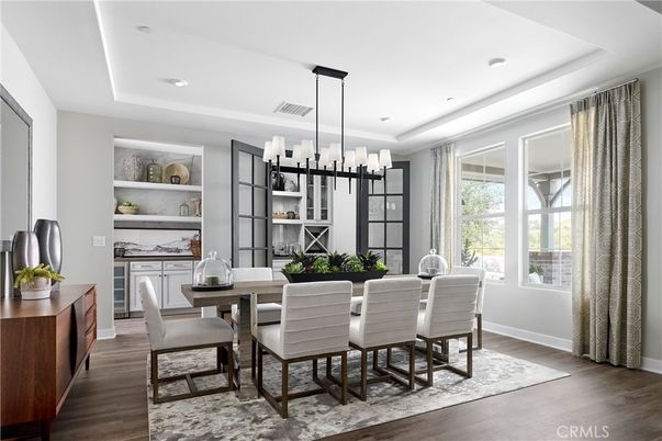 Dining room, Interior, Pendant Lights, Recessed Lighting, Wood Texture Flooring