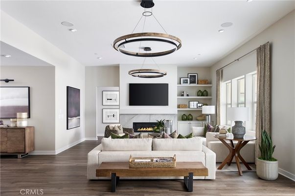 Fireplace, Interior, Living room, Pendant Lights, Recessed Lighting, Wood Texture Flooring