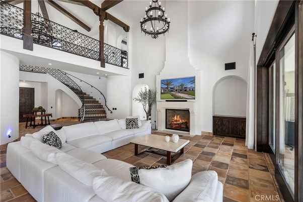 Chandelier, Dining room, Fireplace, Interior, Living room, Recessed Lighting, Wooden Beams