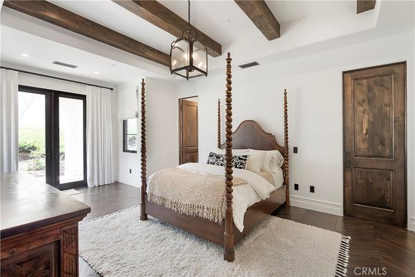 Bedroom, Interior, Pendant Lights, Recessed Lighting, Wooden Beams, Wood Texture Flooring