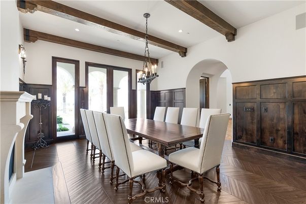 Chandelier, Dining room, Interior, Recessed Lighting, Wooden Beams, Wood Texture Flooring