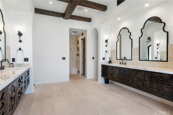 Bathroom, Dual Sink Vanities, Interior, Recessed Lighting, Wooden Beams