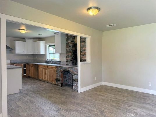 Fireplace, Interior, Kitchen, Stone Walls, Wood Texture Flooring