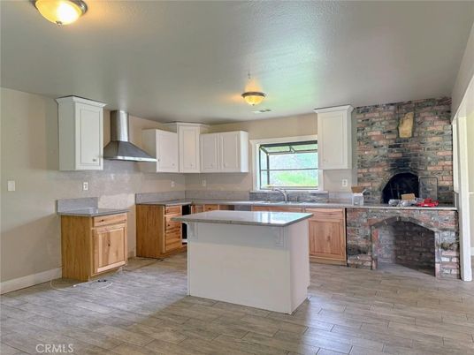 Fireplace, Interior, Kitchen, Stone Walls, Wood Texture Flooring