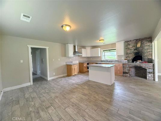 Fireplace, Interior, Kitchen, Stone Walls, Wood Texture Flooring