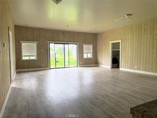 Empty room, Fireplace, Interior, Recessed Lighting, Wood Texture Flooring, Wooden Walls