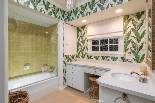 Bathroom, Glass Shower, Interior, Recessed Lighting, Wood Texture Flooring