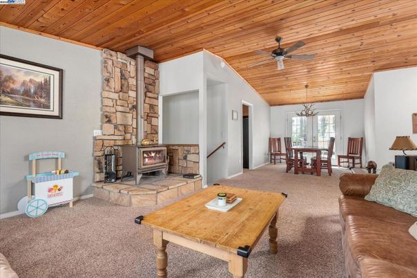 Dining room, Fireplace, Interior, Living room, Wooden Ceilings