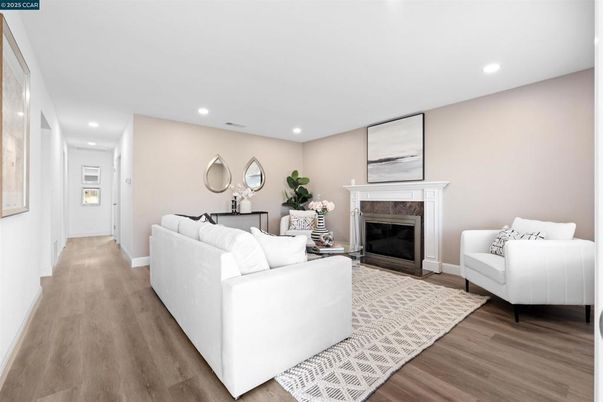 Fireplace, Interior, Living room, Recessed Lighting, Wood Texture Flooring