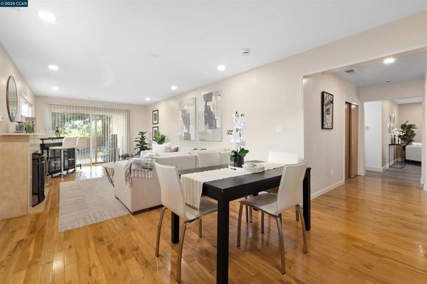 Dining room, Interior, Living room, Recessed Lighting, Wood Texture Flooring