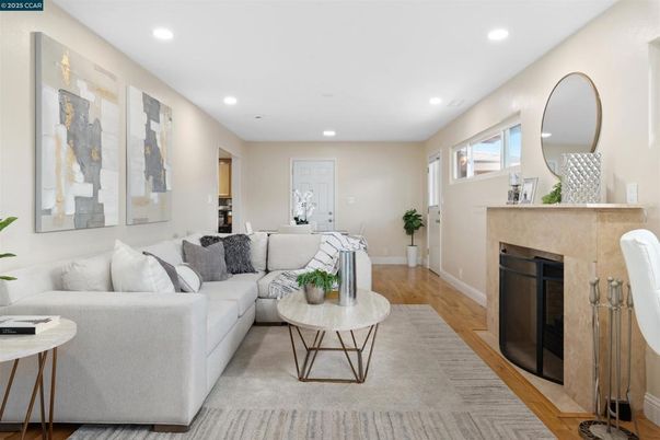 Fireplace, Interior, Living room, Recessed Lighting, Wood Texture Flooring