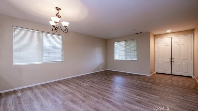 Chandelier, Empty room, Interior, Recessed Lighting, Wood Texture Flooring