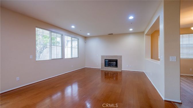 Empty room, Fireplace, Interior, Recessed Lighting, Wood Texture Flooring