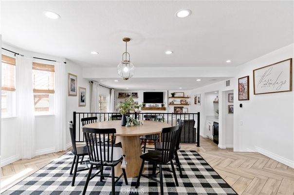 Dining room, Interior, Pendant Lights, Recessed Lighting, Wood Texture Flooring