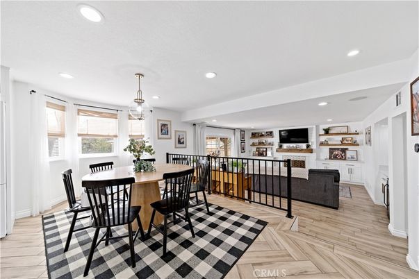 Dining room, Interior, Pendant Lights, Recessed Lighting, Wood Texture Flooring