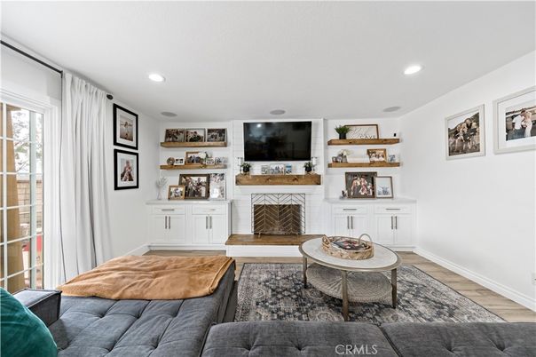 Fireplace, Interior, Living room, Recessed Lighting, Wood Texture Flooring