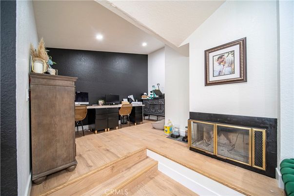 Fireplace, Home Office, Interior, Recessed Lighting, Wood Texture Flooring