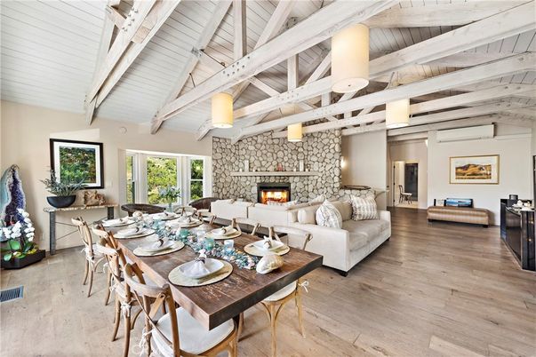 Dining room, Fireplace, Interior, Living room, Stone Walls, Wood Texture Flooring