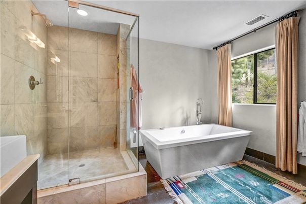 Bathroom, Free Standing Baths, Glass Shower, Interior, Recessed Lighting