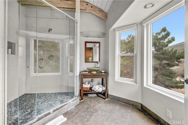Bathroom, Glass Shower, Interior, Recessed Lighting, Wooden Beams