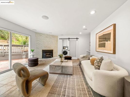 Fireplace, Interior, Living room, Recessed Lighting, Stone Walls