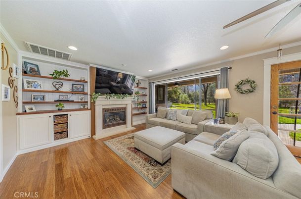 Fireplace, Interior, Living room, Recessed Lighting, Wood Texture Flooring