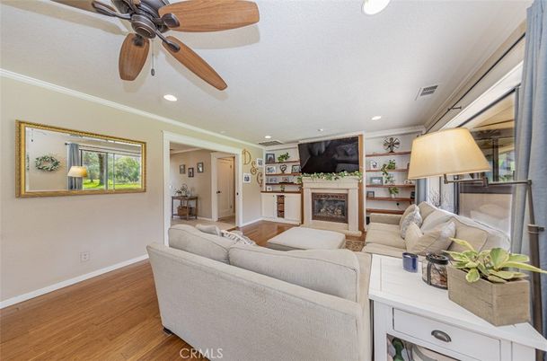 Fireplace, Interior, Living room, Recessed Lighting, Wood Texture Flooring