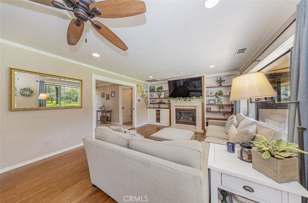 Fireplace, Interior, Living room, Recessed Lighting, Wood Texture Flooring