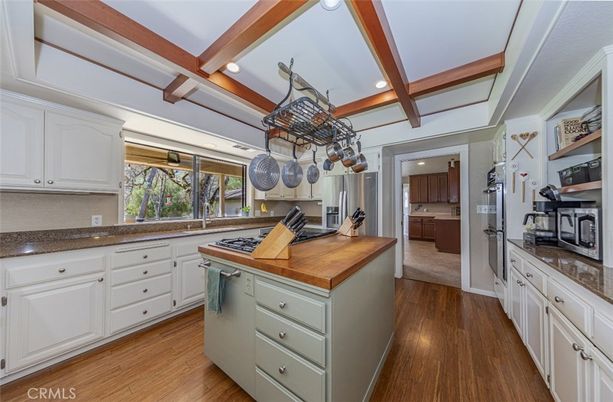 Interior, Kitchen, Recessed Lighting, Stainless Steel Appliances, Wooden Beams, Wood Texture Flooring