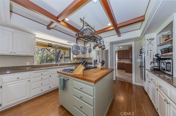 Interior, Kitchen, Recessed Lighting, Stainless Steel Appliances, Wooden Beams, Wood Texture Flooring