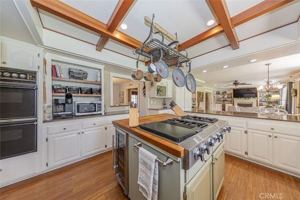 Chandelier, Interior, Kitchen, Recessed Lighting, Stainless Steel Appliances, Wooden Beams, Wood Texture Flooring