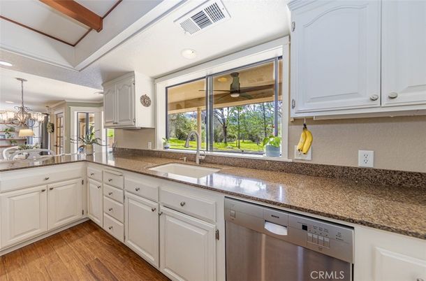Chandelier, Interior, Kitchen, Recessed Lighting, Stainless Steel Appliances, Wooden Beams, Wood Texture Flooring