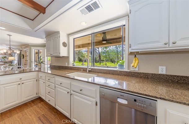 Chandelier, Interior, Kitchen, Recessed Lighting, Stainless Steel Appliances, Wooden Beams, Wood Texture Flooring